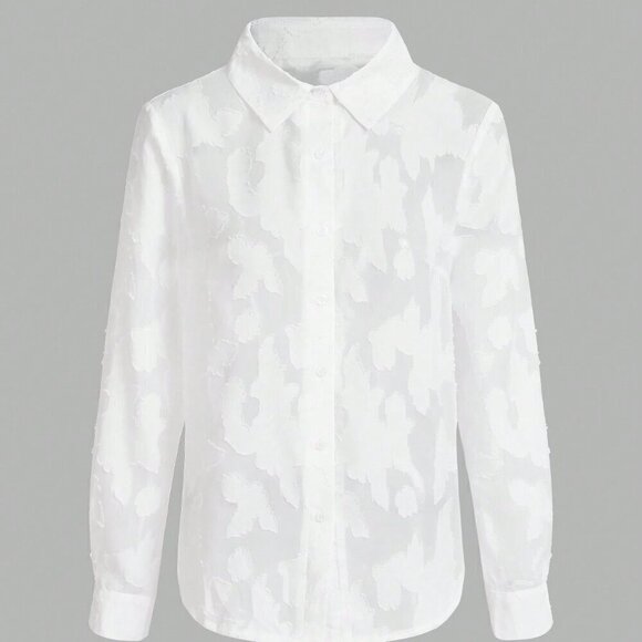 White Casual Women's Jacquard Button Front Solid Long Sleeve Shirt - Picture 2 of 6